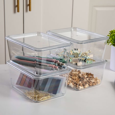 Martha Stewart Brody 4 Pack Stackable Plastic Storage Box with Lids Office Desktop Organizers, 6.75 x 5 GS-BA-YM016-4-CLR-MS